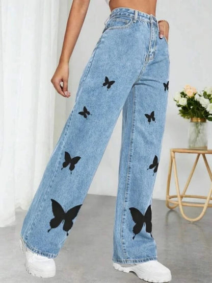 TAMBREET 2024 Fall Trousers High Waist Butterfly Print Y2K Jeans For Women Fashion Loose Denim Straight Leg Pants Casual Clothing XS-L