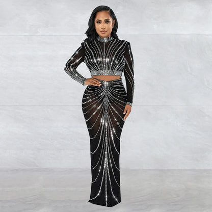 TAMBREET 2024 Long Sleeve Mesh Maxi Bodycon Elegant Party Sparkly Rhinestone For Birthday Dress Sexy Club Two Piece Sets Womens Outifits