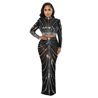 TAMBREET 2024 Long Sleeve Mesh Maxi Bodycon Elegant Party Sparkly Rhinestone For Birthday Dress Sexy Club Two Piece Sets Womens Outifits