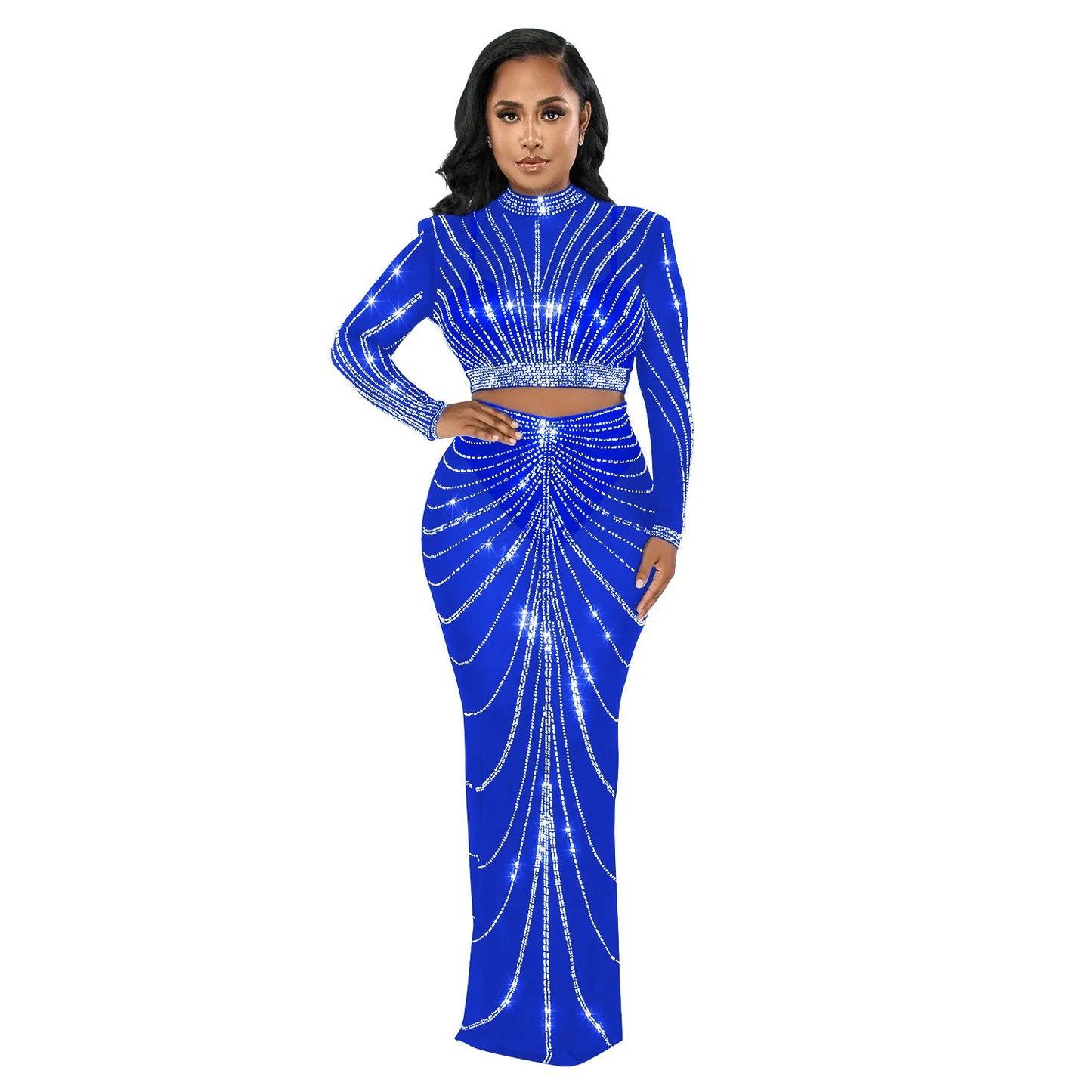 TAMBREET 2024 Long Sleeve Mesh Maxi Bodycon Elegant Party Sparkly Rhinestone For Birthday Dress Sexy Club Two Piece Sets Womens Outifits