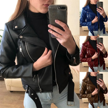 TAMBREET 2024 New 4 Color Women Spring Autumn Black Faux Leather Jackets Zipper Basic Coat Turn-down Collar Motor Biker Jacket With Belt