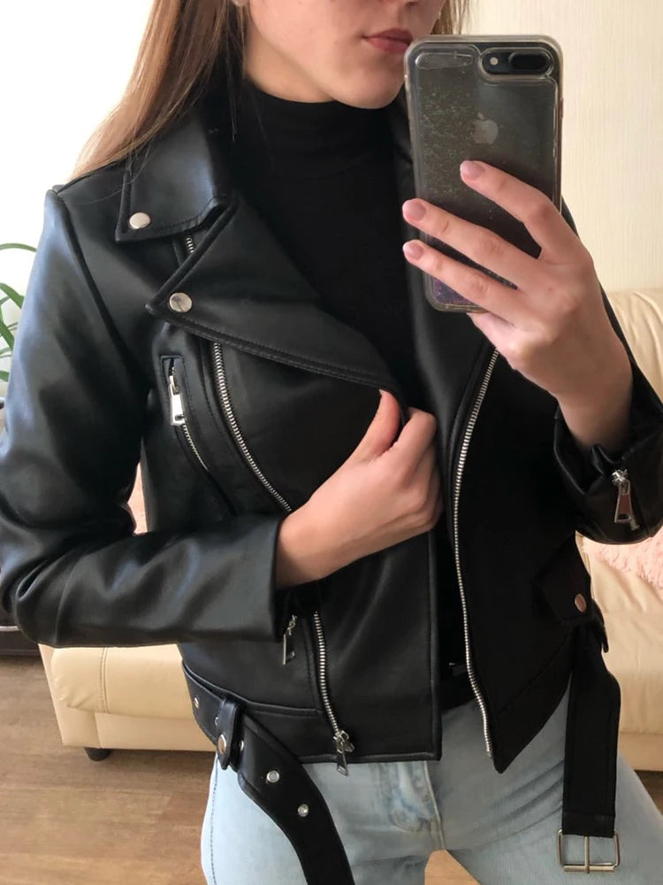 TAMBREET 2024 New 4 Color Women Spring Autumn Black Faux Leather Jackets Zipper Basic Coat Turn-down Collar Motor Biker Jacket With Belt