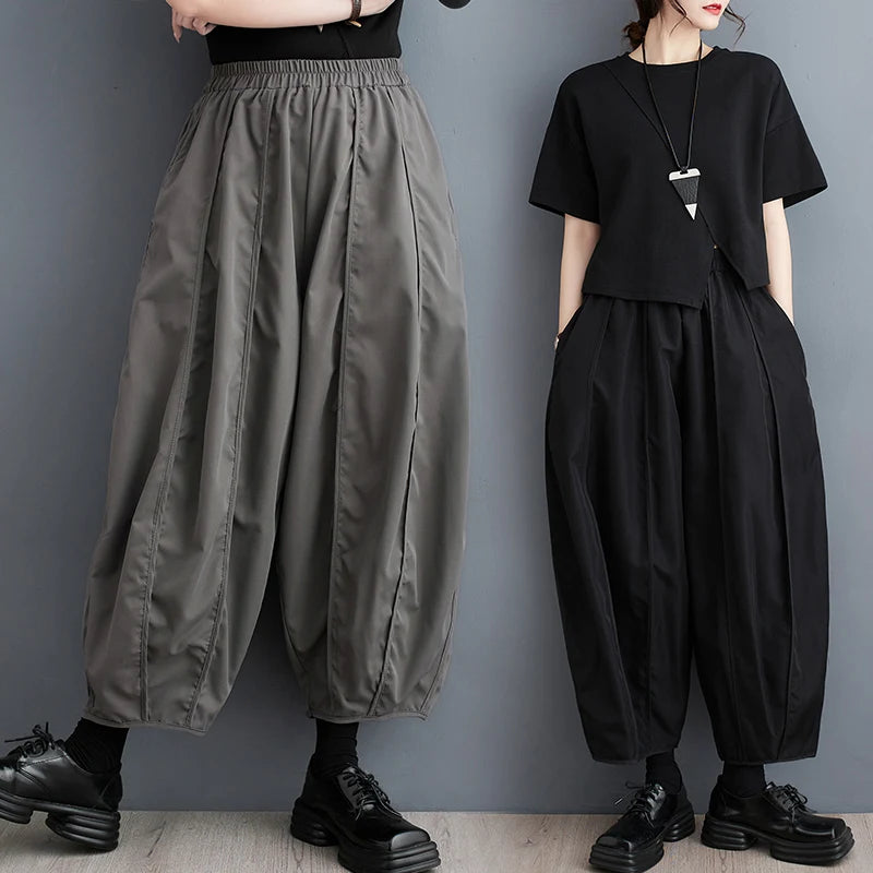 TAMBREET 2024 New Arrival Japanese Yamamoto Style Dark Black Loose Summer Harem Pants High Waist Street Fashion Women Casual Pants