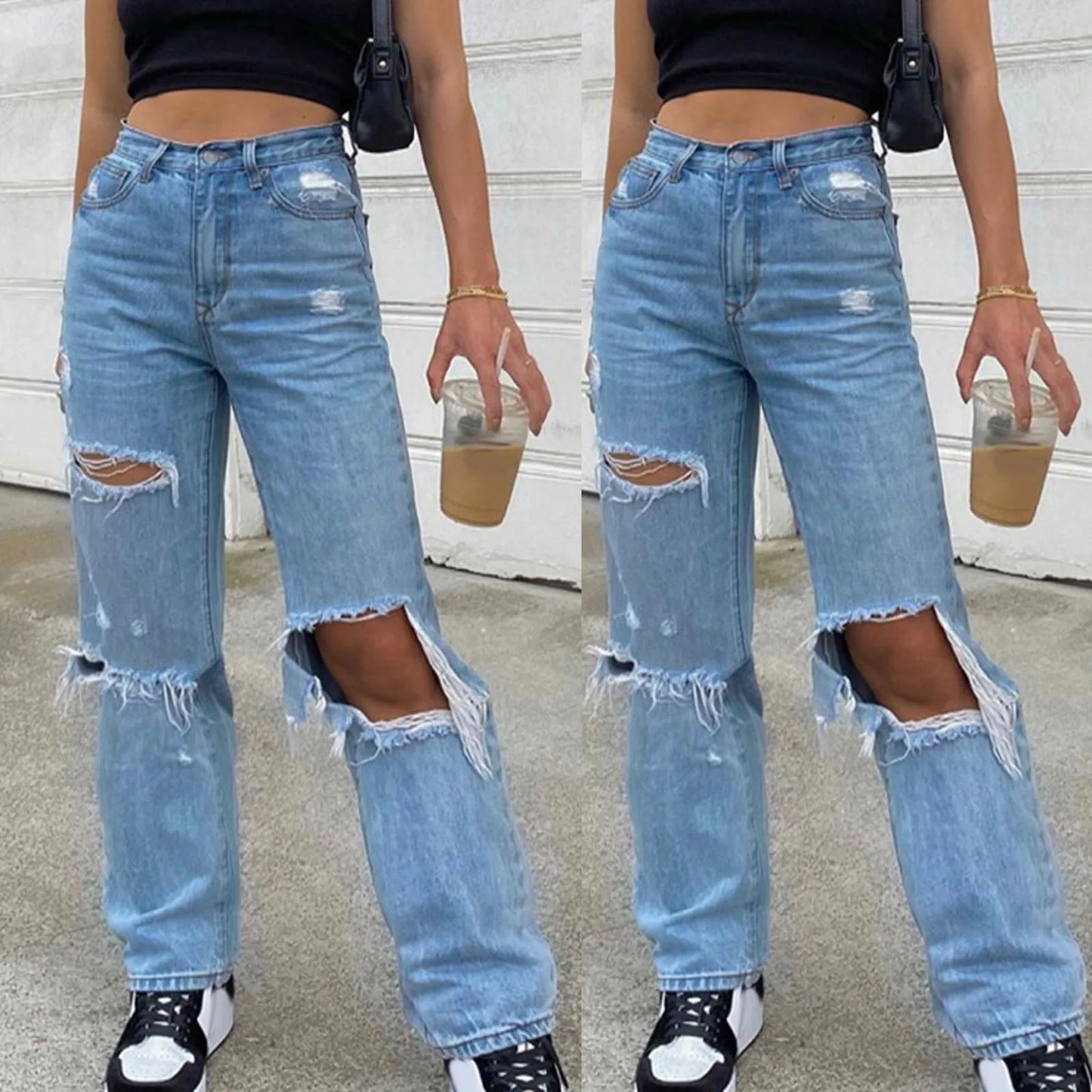 TAMBREET 2024 New Baggy Jeans Women Ripped Hole Denim Pants Streetwear High Waist Pocket Straight Trousers Loose Jeans джинсы женский