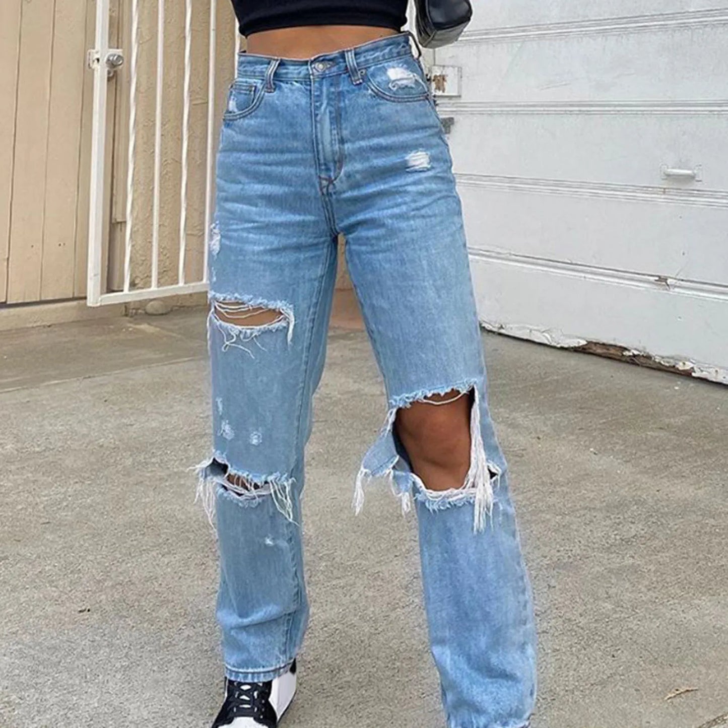 TAMBREET 2024 New Baggy Jeans Women Ripped Hole Denim Pants Streetwear High Waist Pocket Straight Trousers Loose Jeans джинсы женский