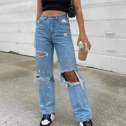 TAMBREET 2024 New Baggy Jeans Women Ripped Hole Denim Pants Streetwear High Waist Pocket Straight Trousers Loose Jeans джинсы женский