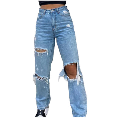 TAMBREET 2024 New Baggy Jeans Women Ripped Hole Denim Pants Streetwear High Waist Pocket Straight Trousers Loose Jeans джинсы женский