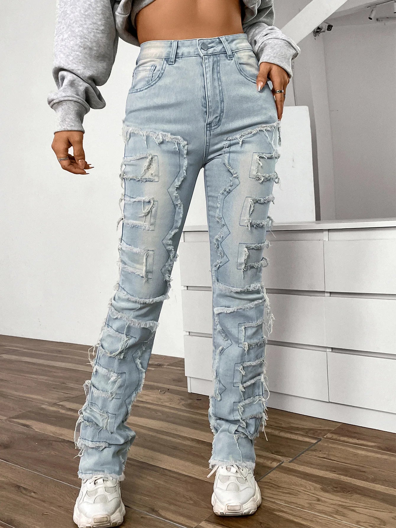 TAMBREET 2024 New European and American Streetwise Stretch Patch Jeans for Women High Street Straight Fit Long Women's Jeans