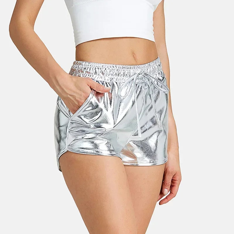 TAMBREET 2024 New Popular Hot Gold Beach Pants European and American Sexy Night Show Metal Reflective Trendy Shorts for Women