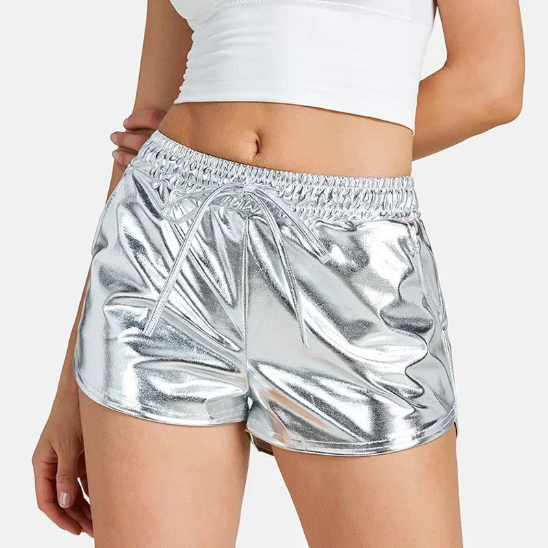 TAMBREET 2024 New Popular Hot Gold Beach Pants European and American Sexy Night Show Metal Reflective Trendy Shorts for Women