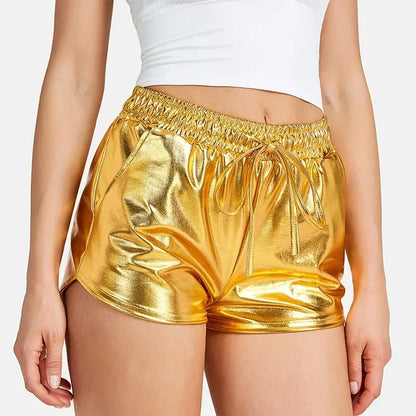 TAMBREET 2024 New Popular Hot Gold Beach Pants European and American Sexy Night Show Metal Reflective Trendy Shorts for Women