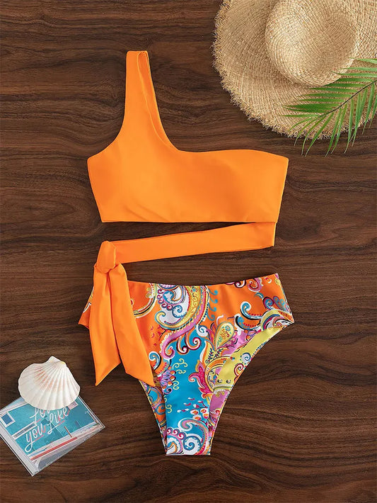 TAMBREET 2024 New Push Up Single Shoulder Stripe Women Bikini Set High Cut Printed Bottom Padded Swimwear Summer Beachwear Bathing Suit