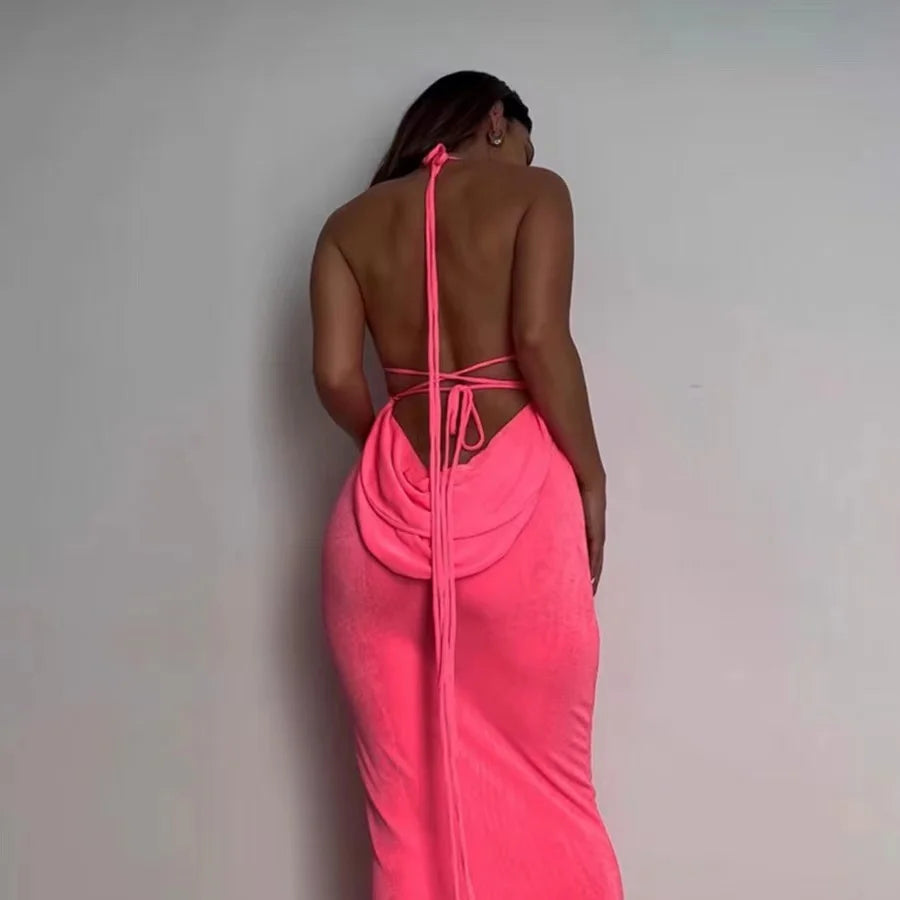 TAMBREET 2024 New Sexy Solid Backless Maxi Dress Women Elegant Spaghetti Strap Slim Dress Female Summer Holiday Beach Party Dresses