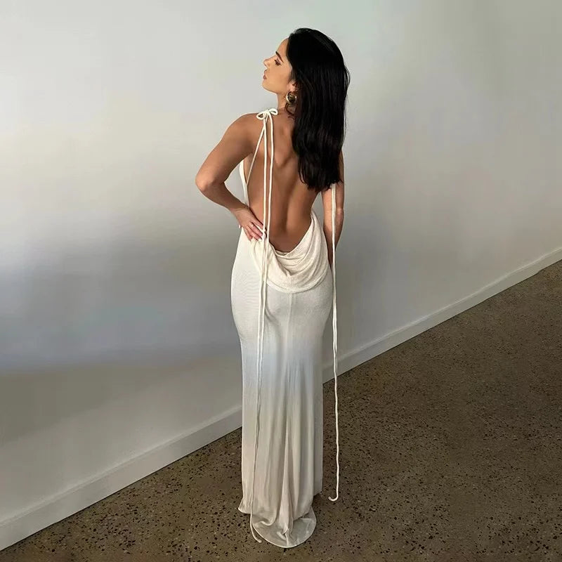 TAMBREET 2024 New Sexy Solid Backless Maxi Dress Women Elegant Spaghetti Strap Slim Dress Female Summer Holiday Beach Party Dresses