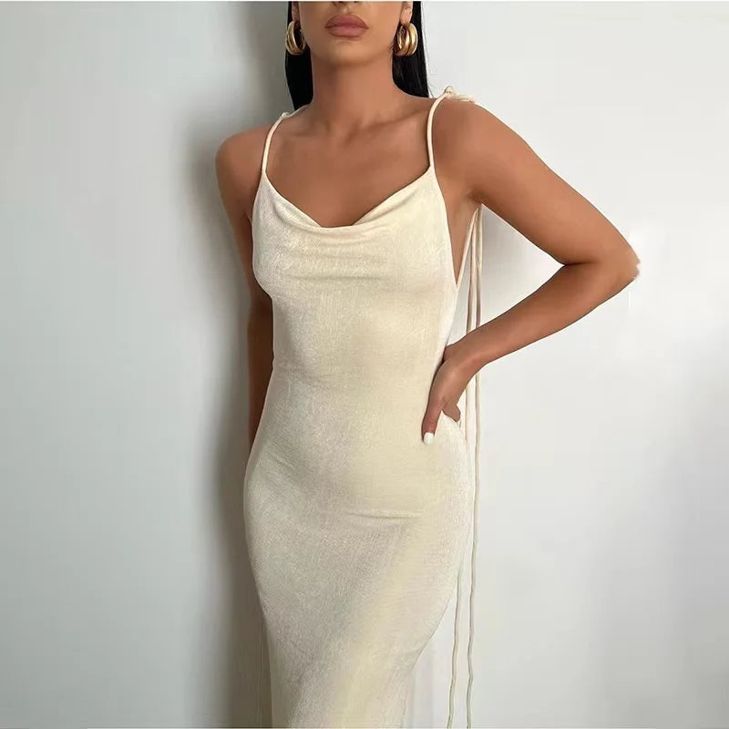 TAMBREET 2024 New Sexy Solid Backless Maxi Dress Women Elegant Spaghetti Strap Slim Dress Female Summer Holiday Beach Party Dresses