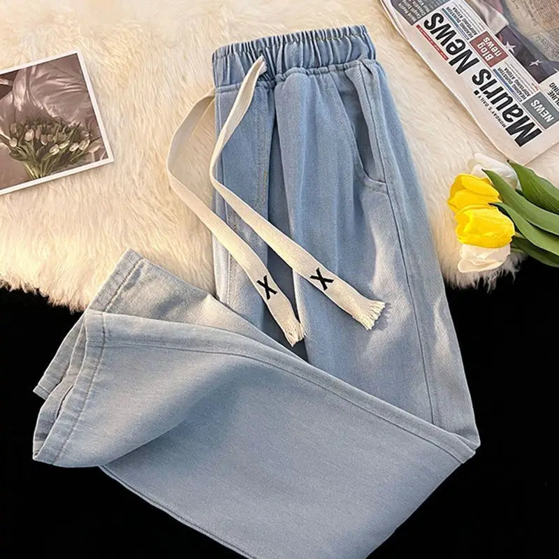 TAMBREET 2024 New Spring And Winter Wide-leg Jeans Women Loose Straight Leg All Draped Trousers Students High-waisted Nine-point Pants