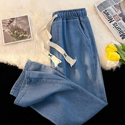 TAMBREET 2024 New Spring And Winter Wide-leg Jeans Women Loose Straight Leg All Draped Trousers Students High-waisted Nine-point Pants