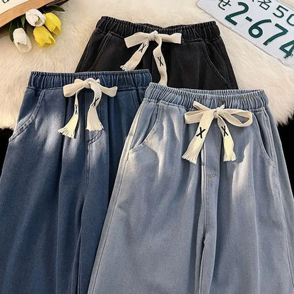 TAMBREET 2024 New Spring And Winter Wide-leg Jeans Women Loose Straight Leg All Draped Trousers Students High-waisted Nine-point Pants