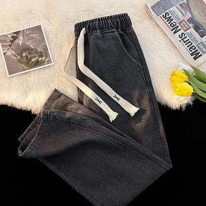 TAMBREET 2024 New Spring And Winter Wide-leg Jeans Women Loose Straight Leg All Draped Trousers Students High-waisted Nine-point Pants