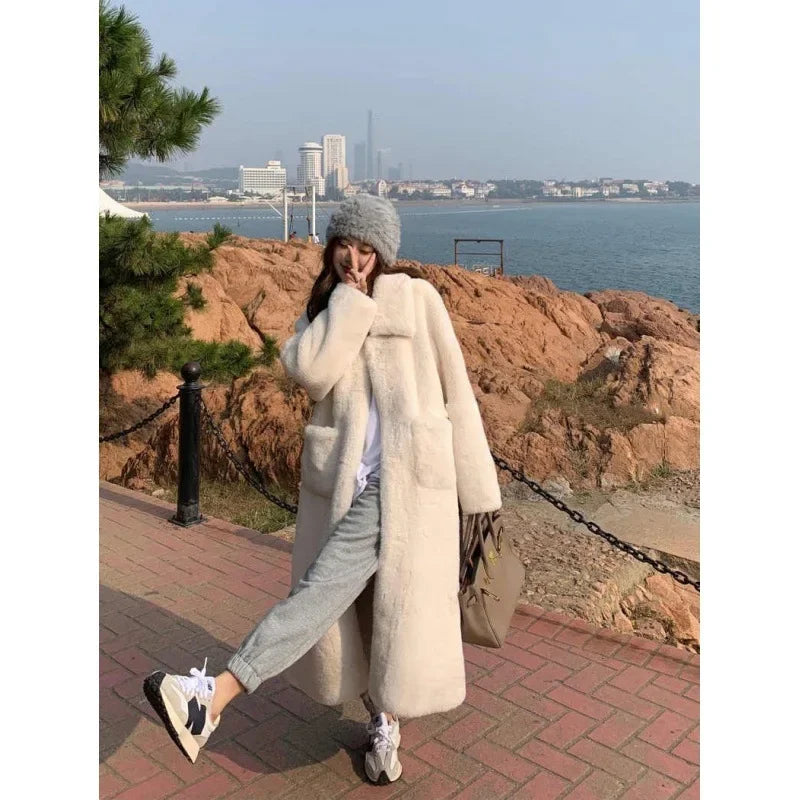 TAMBREET 2024 New Winter Coat Fluffy White Artificial Fur Coat Women's Mid Length Warm Artificial Fur Jacket Thickened Women's Coat