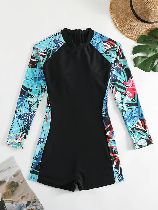 TAMBREET 2024 Print Flower Long Sleeve One Piece Swimsuit Summer Beach Bathing Suits Women Swimwear with Zipper Female Monokini Bikini XL