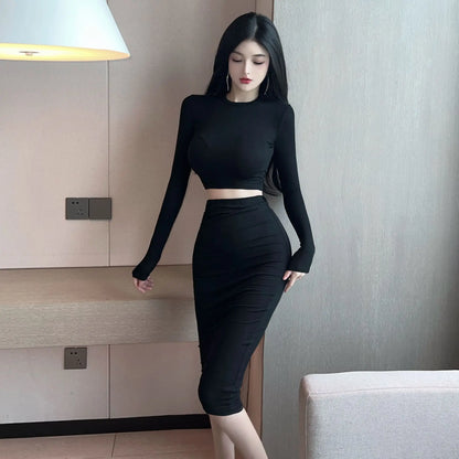 TAMBREET 2024 Sexy Spicy Girl Bold Hollow Out Elegant Fashion Gentle Skirt Set Short Long Sleeve Top High Waist Skirt Set Female AIWB