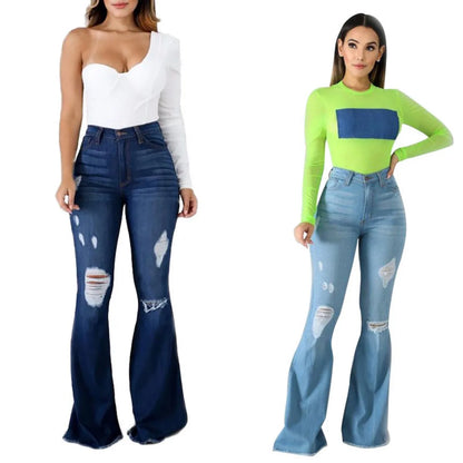 TAMBREET 2024 Spring New High Waist Ripped Flared Jeans For Women Fashion Stretch Slim Denim Pants Casual Female Clothing S-3XL Drop Ship