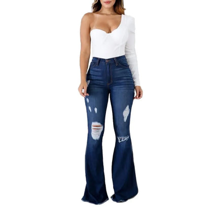 TAMBREET 2024 Spring New High Waist Ripped Flared Jeans For Women Fashion Stretch Slim Denim Pants Casual Female Clothing S-3XL Drop Ship