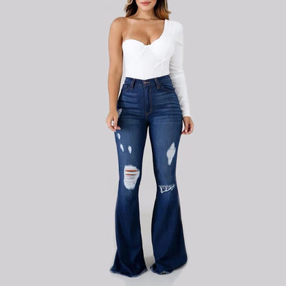 TAMBREET 2024 Spring New High Waist Ripped Flared Jeans For Women Fashion Stretch Slim Denim Pants Casual Female Clothing S-3XL Drop Ship