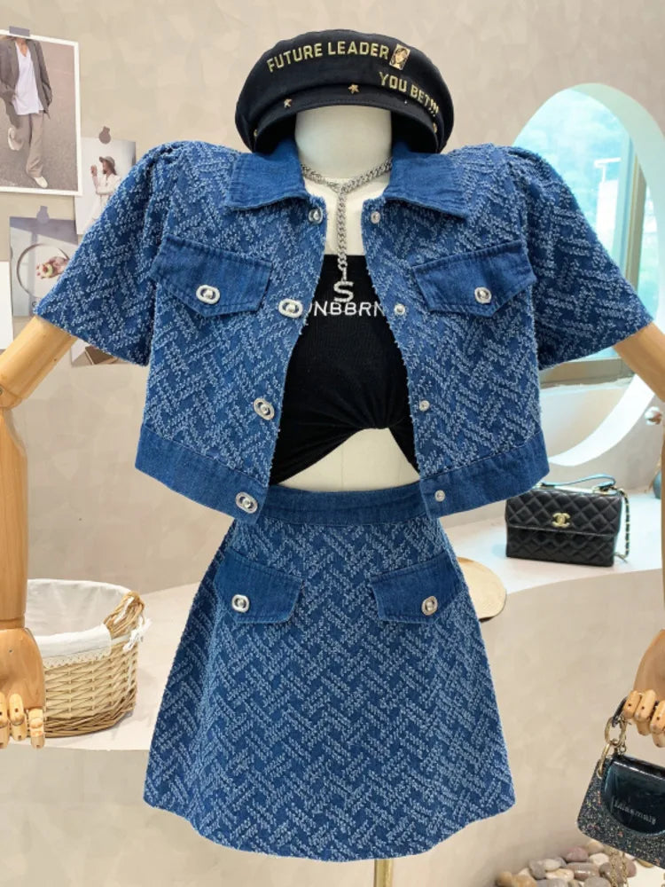 TAMBREET  2024 Summer New Street Fashion Women's Suit With Skirt Denim Short Sleeve Top Sweet Girl Female Blue Plaid Skirt 2 Piece Set