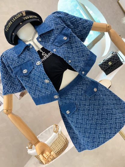 TAMBREET  2024 Summer New Street Fashion Women's Suit With Skirt Denim Short Sleeve Top Sweet Girl Female Blue Plaid Skirt 2 Piece Set