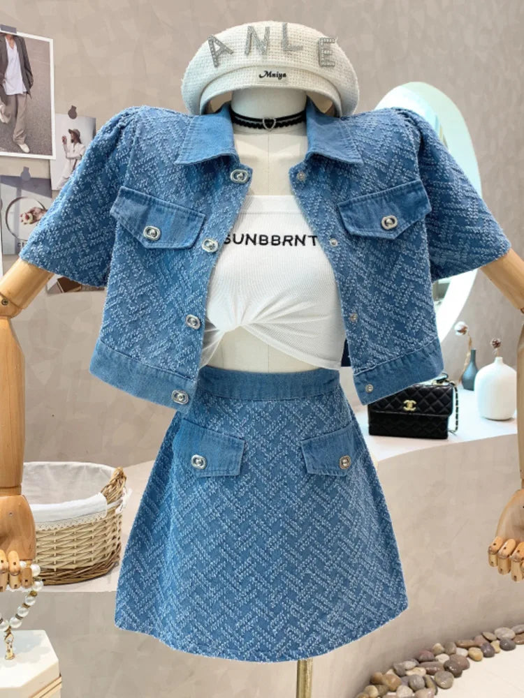 TAMBREET  2024 Summer New Street Fashion Women's Suit With Skirt Denim Short Sleeve Top Sweet Girl Female Blue Plaid Skirt 2 Piece Set