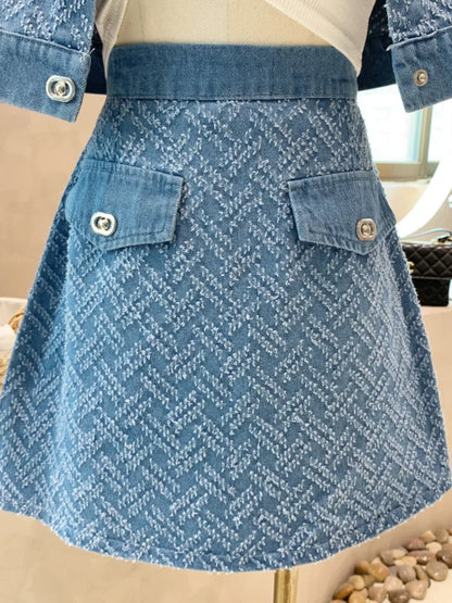 TAMBREET  2024 Summer New Street Fashion Women's Suit With Skirt Denim Short Sleeve Top Sweet Girl Female Blue Plaid Skirt 2 Piece Set