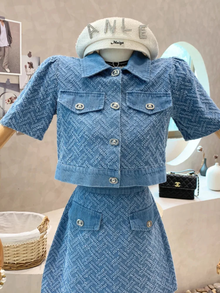 TAMBREET  2024 Summer New Street Fashion Women's Suit With Skirt Denim Short Sleeve Top Sweet Girl Female Blue Plaid Skirt 2 Piece Set