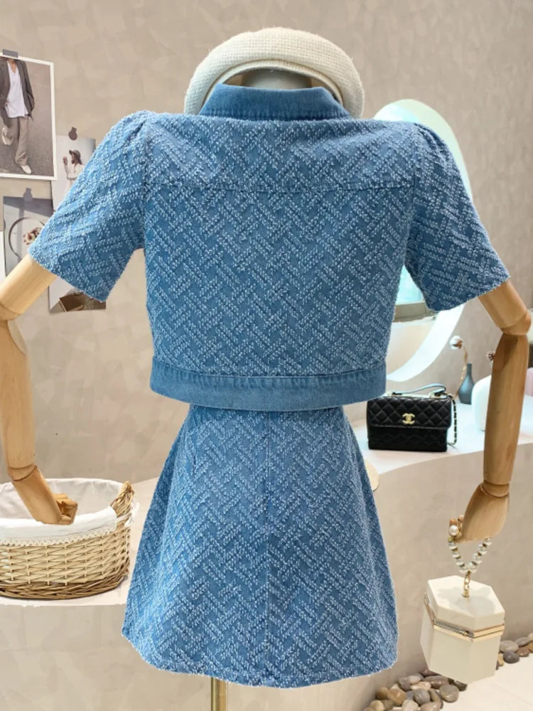 TAMBREET  2024 Summer New Street Fashion Women's Suit With Skirt Denim Short Sleeve Top Sweet Girl Female Blue Plaid Skirt 2 Piece Set