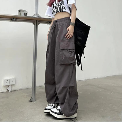 TAMBREET 2024 Women Casual Joggers Tech Pants Solid Low Waist Pants Drawstring Wide Leg Baggy Trousers Y2k Streetwear Oversize Sweatpants