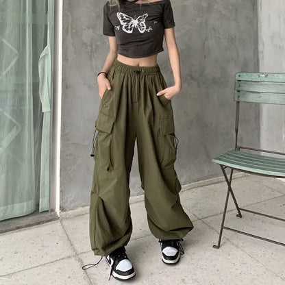 TAMBREET 2024 Women Casual Joggers Tech Pants Solid Low Waist Pants Drawstring Wide Leg Baggy Trousers Y2k Streetwear Oversize Sweatpants