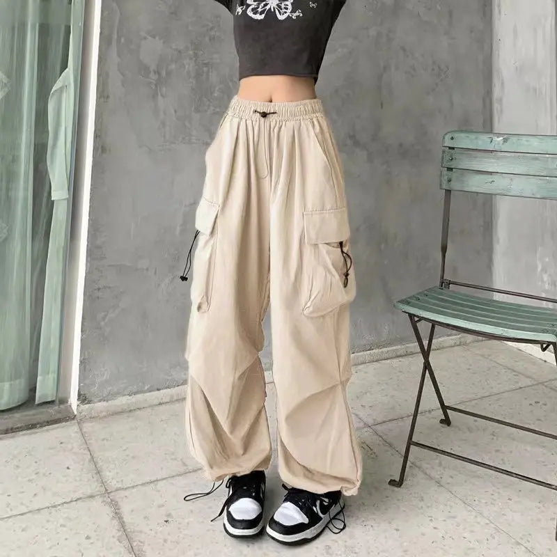 TAMBREET 2024 Women Casual Joggers Tech Pants Solid Low Waist Pants Drawstring Wide Leg Baggy Trousers Y2k Streetwear Oversize Sweatpants