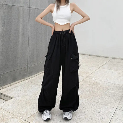 TAMBREET 2024 Women Casual Joggers Tech Pants Solid Low Waist Pants Drawstring Wide Leg Baggy Trousers Y2k Streetwear Oversize Sweatpants