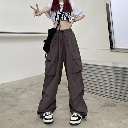 TAMBREET 2024 Women Casual Joggers Tech Pants Solid Low Waist Pants Drawstring Wide Leg Baggy Trousers Y2k Streetwear Oversize Sweatpants