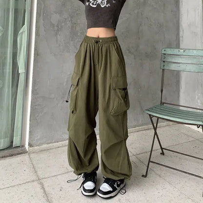 TAMBREET 2024 Women Casual Joggers Tech Pants Solid Low Waist Pants Drawstring Wide Leg Baggy Trousers Y2k Streetwear Oversize Sweatpants