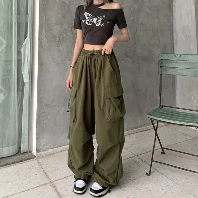 TAMBREET 2024 Women Casual Joggers Tech Pants Solid Low Waist Pants Drawstring Wide Leg Baggy Trousers Y2k Streetwear Oversize Sweatpants