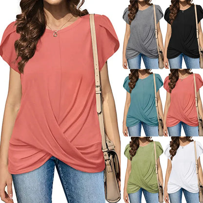 TAMBREET 2024 Women's Round Neck Solid Twist Short Sleeve T-shirt Summer Fashion Casual Commuter Office Lady Short Sleeve Top Female