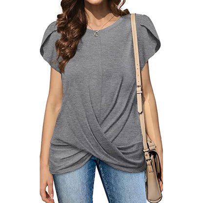 TAMBREET 2024 Women's Round Neck Solid Twist Short Sleeve T-shirt Summer Fashion Casual Commuter Office Lady Short Sleeve Top Female