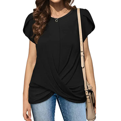 TAMBREET 2024 Women's Round Neck Solid Twist Short Sleeve T-shirt Summer Fashion Casual Commuter Office Lady Short Sleeve Top Female