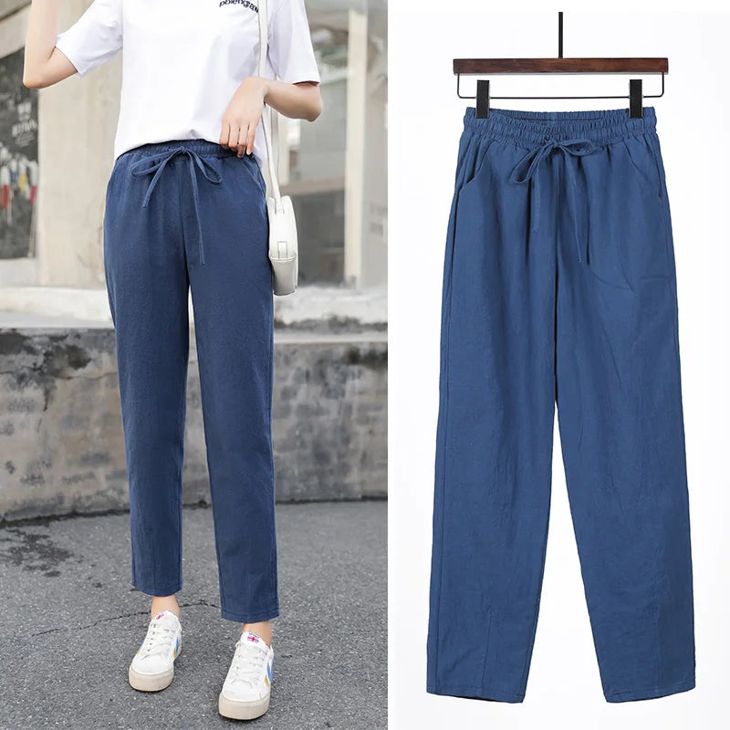 TAMBREET 2024 Womens Spring Summer Pants Cotton Linen Solid Elastic waist Candy Colors Harem Trousers Casual Female Pants