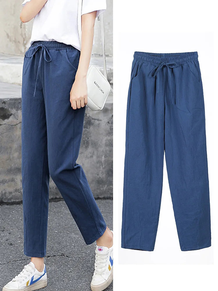 TAMBREET 2024 Womens Spring Summer Pants Cotton Linen Solid Elastic waist Candy Colors Harem Trousers Casual Female Pants