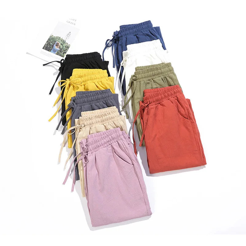 TAMBREET 2024 Womens Spring Summer Pants Cotton Linen Solid Elastic waist Candy Colors Harem Trousers Casual Female Pants