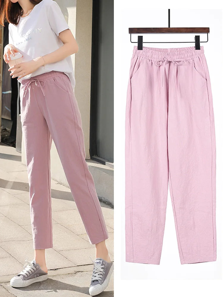 TAMBREET 2024 Womens Spring Summer Pants Cotton Linen Solid Elastic waist Candy Colors Harem Trousers Casual Female Pants