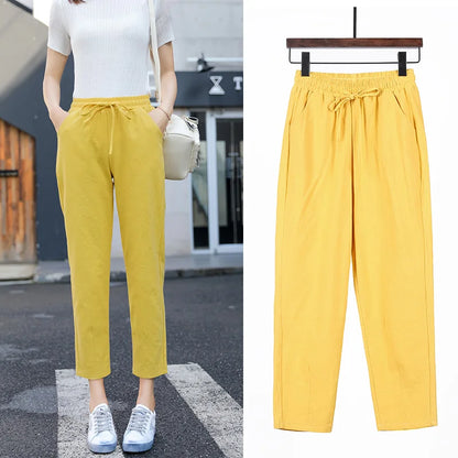 TAMBREET 2024 Womens Spring Summer Pants Cotton Linen Solid Elastic waist Candy Colors Harem Trousers Casual Female Pants